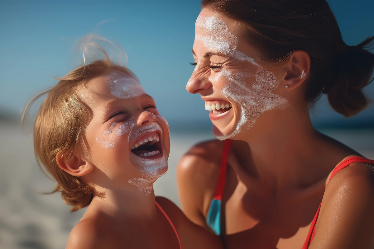Image shows a young family using suncream at the beach